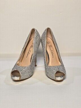 Women's Rhinestone Peep-Toe Platform Stiletto Heels Silver Gala Pumps Size 6.5